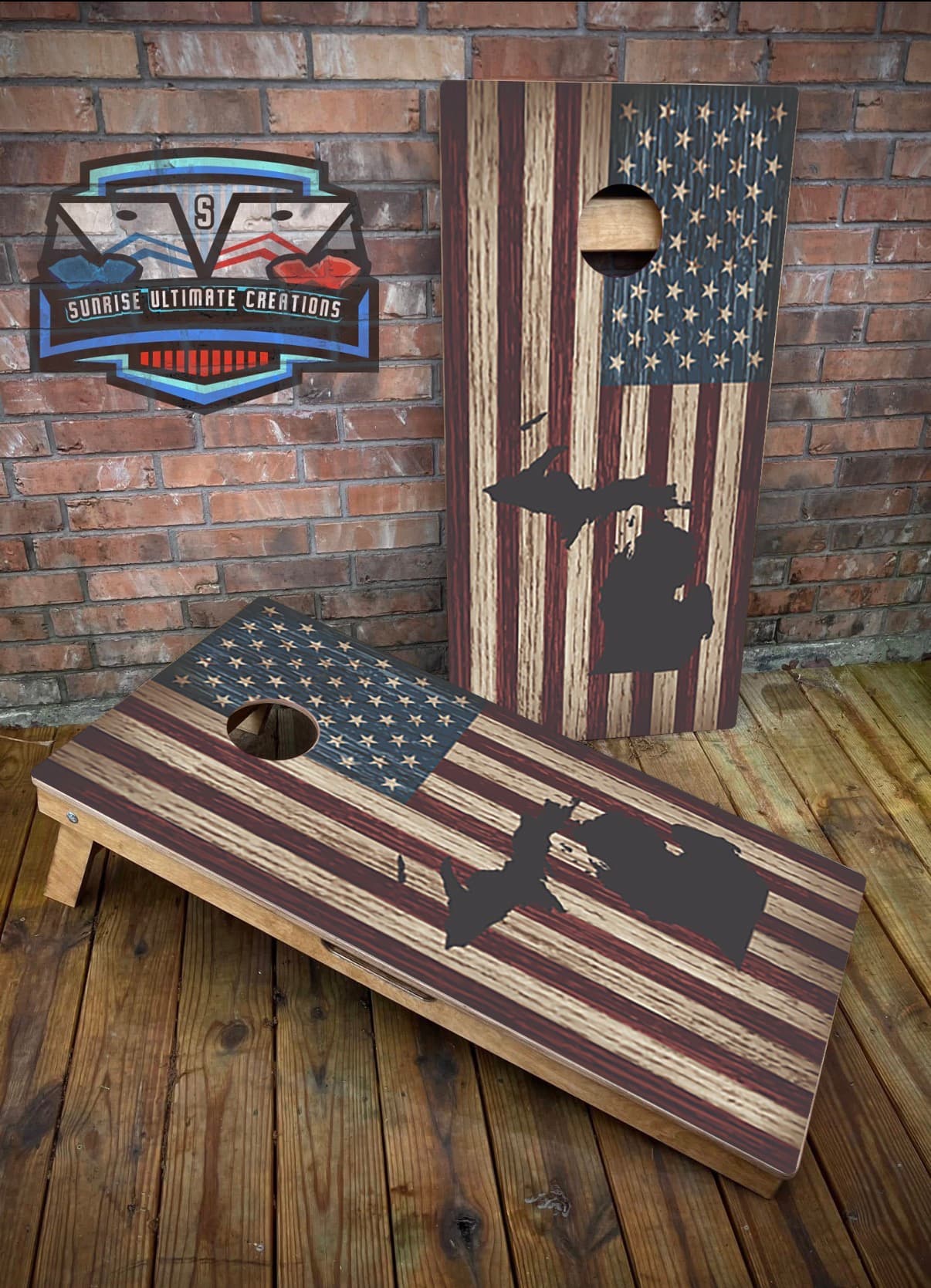 Custom cornhole boards built by Sunrise Wood Creations