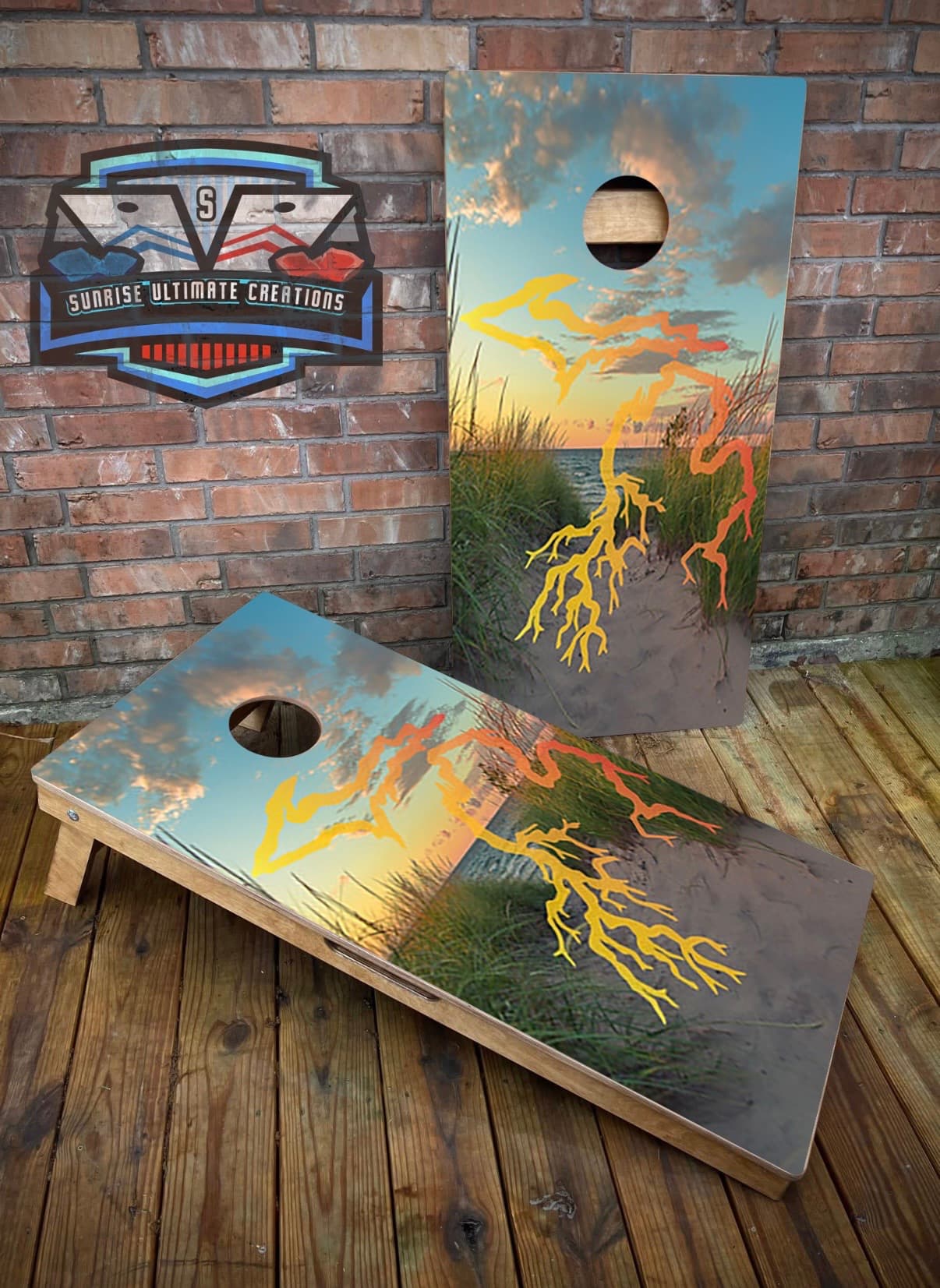 Cornhole boards built by Sunrise Wood Creations